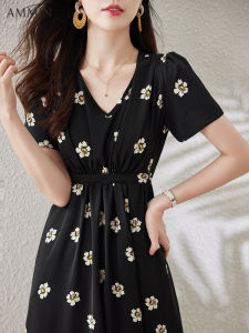 AMMIN 2023 summer new simple V-neck vintage floral print short sleeve chiffon dress Womens Korean style strap waist design A-line knee length elegant dress