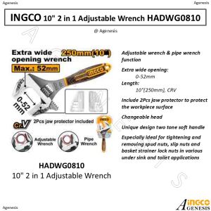 INGCO 2-in-1 Adjustable Wrench & Pipe Wrench 10" (0-52mm) Heavy Duty Wide Opening Plumbing Tool HADWG0810
