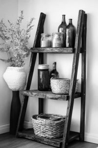Vintage Wooden Ladder Shelf with Multi-Tier Storage - Rustic Reclaimed Pantry Organizer | Handcrafted Farmhouse-Style Space Saving Rack for Kitchen Living Room Bedroom or Office | Perfect Organizer for Books Plants Decor Baskets and Essentials