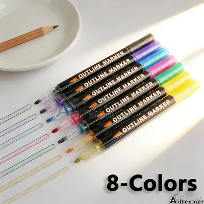 8 Color Outline Marker Pen Metallic Double Line Art Contour Pen Double Line Contour Pen Set Outline Marker Pen Metallic Marker Art Glitter Highlighter