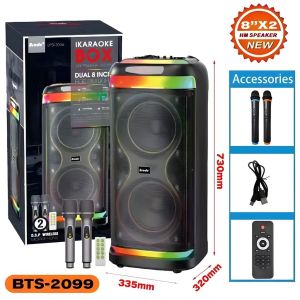 BTS-2173 3000mAh 8X2 inch Wireless karaoke Subwoofer Bluetooth Speaker with Rechargeable Wireless Mic