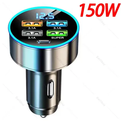 CHARGER MOBIL 150W Adaptor Pengisi Daya Cepat 4 Port USB Dengan LCD Display Auto - Support PD/QC3.0 & Lightning Fast Charging Untuk Mobil