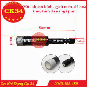 Mũi khoan kínhgạch menđá hoathủy tinh 14mm đa năng chuôi lục giác