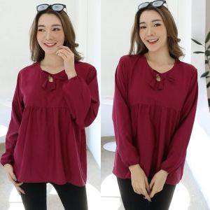 เสื้อแขนตุ๊กตาแขนยาว แขนทรงบอลลูน เนื้อผ้าไหมเกาหลี เสื้อแขนยาวน่ารักสไตล์สาวเกาหลี(โบว์)