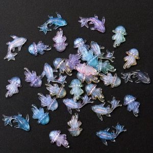 OMQAIO 100 Pcs Shark Dolphin Jellyfish Nail Decorations Resin Mini Shiny Goldfish Ocean Aurora Nail Rhinestones Cute Summer Ocean Style DIY Sea Series Nail Jewelry Ladies