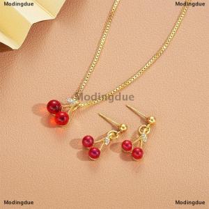 [COD] Modingdue Red Cherry Pendant Necklace Stud Earrings Set Womens Fashion Fruit Necklace Earrings Jewery Set For Party Wedding Girls Gifts