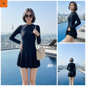 Bikini Bigsize75kg ĐỒ BƠI NỮ NES Bikini đi biển hai mảnh dây kéo trước phối họa tiết dài tay khoá kéo phối váy hoạ tiết hoa lá xanh dương NVH001