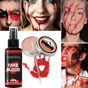 3pcs Realistic Fake Blood Set with 30g Scar Wax50ml Fake Blood and Double Head Stainless Steel Applicator Rods for Wound Effect