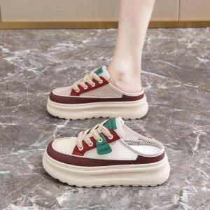 [Free Shipping] Thick-soled height-increasing slippers new summer model closed-toe slip-on mesh breathable comfortable casual shoes lazy half-slippers for women