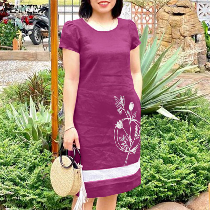 ZANZEA Summer Women Vintage Short Sleeve O-Neck Floral Embroidery Dresses  Casual Shift Dresses #12 | Lazada Singapore