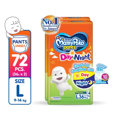 MAMYPOKO Day & Night Baby Diaper Pants Unisex Large 36 pcs x 2 packs (72 pcs) [ONLINE EXCLUSIVE]