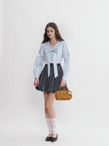 Đầm sơ mi sọc có cổ màu hải quân trang trí nơ cho phụ nữ cỡ lớn DUSHU bộ sưu tập mùa thu 2025 phong cách trẻ trung nhẹ nhàng 25DS83218