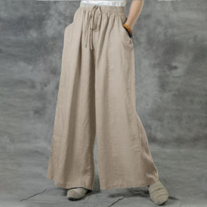 Boho Cotton Linen Pants for Women Comfortable Elastic Waist Drawstring Wide Leg Trousers Loose Fit Flowy Summer Pants2026