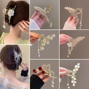 FUDESHE โลหะ/เงิน ที่หนีบผม Y2K พู่พลอยเทียม กันลื่น คลิปกรงเล็บเรขาคณิต แฟชั่นเกาหลีแบบเกาหลี อุปกรณ์เสริมผม ที่หนีบผม สำหรับผู้หญิง