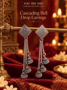 [SG] Cascading Bell Drop Earrings | Oxidised Silver Triple Jhumka Chain Earrings | Indian Festive Long Drop Earrings | ear me out (EMO-309)