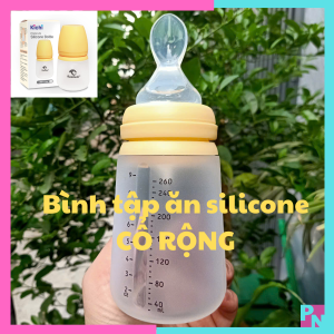 Bình tập ăn cổ rộng cho bé 160ml - 260ml Kichi bình tập ăn dặm silicone bóp mềm muỗng thìa silicon (Không BPA/BPS) có thể đút sữa bột hay cháo