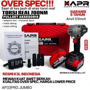 TERLARIS AP33PROMAXM 1850NM APR BOR IMPACT WRENCH CORDLESS 2 BATERAI 10CELL MESIN PEMBUKA BAUT RODA MOBIL MOTOR ORIGINAL