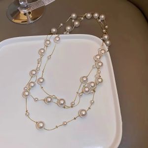 CHUAN 1Pcs Elegant Temperament Layered Pearl Chain Multi-layered Long Pearl Necklace  Fashionable Sweater Chain Womens Jewelry Accessories