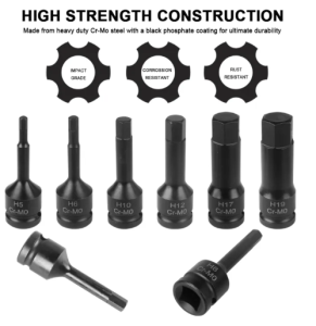 Mata Obeng Hex Impact 1/2 Hi-Spec CR-MO Set Mata Obeng Kepala Adaptor H4-H10 untuk Kunci Pas Torsi Kunci Pas Soket Ratchet
