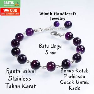 Gelang Tangan wanita / Gelang Batu Cewek Stainless Tahan Karat Batu Beads Manau Ungu 8 mm Kado Hadiah Terbaru
