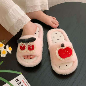 WY-XIXITIAO Sweet Cherry Apple Fluffy Cotton Slippers for Women Autumn and Winter Korean Style Home Shoes