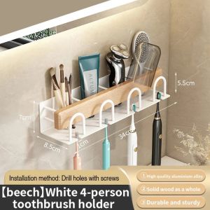 Wood Multifunctional Toothbrush Rack and Mug Holder Wall Mounted Toothpaste and Mouthwash Storage with Toothpaste Squeezer2026