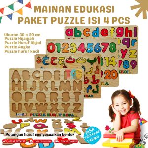 Paket puzzle isi 4 pcs huruf besar hijaiyah arab angka huruf kecil main sambil belajar abjad abc 123 kayu mainan edukasi anak murah edukatif pazel terlaris pajel puzle puzel montessori