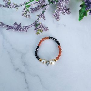 Ready Stock SG - Brown and Black Sandstone Elastic Beaded Crystal Ring Handmade Crystal Ring