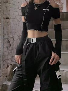 Áo thun đen patchwork gothic tay áo một bên Y2k crop top viền xếp ly hip hop techwear cho phụ nữ