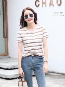 Women Short Sleeve Round-neck T-shirt Casual Tee Stripe Loose Tops 96% Cotton㏇0701