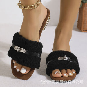 Free Shipping Furry Slippers High Heels Metal Buckle Lamb Wool 2026 New Style Square Toe WomenS Slip-On Shoes Gentle Style