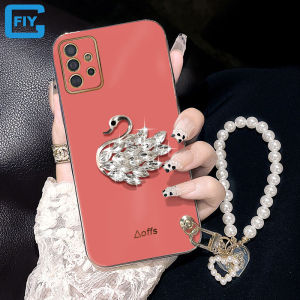 For Samsung Galaxy A04S A13 A23 A52 A52S Case Gilding Luxury Branding Colorful Shine Sparkling Diamond Beautiful Swan + Bracelet