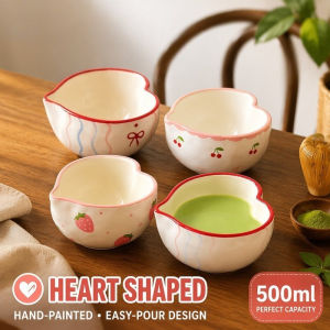 Matcha Bowl Ceramic Heart Shape Handmade Retro Tea Whisking Cup with Spout Large 500ml Gift Home Use