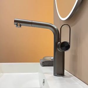 LDIES New Chrome Red Pull Out Basin Faucet Hot and Cold Bathroom Single Lever Brass Sink Mixer Decked Rotation Sink Mixer 6B1Q3