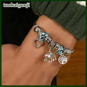 tuokaiguoji กำไลข้อมือรูปหัวใจช้างโบราณสำหรับผู้หญิงสร้อยข้อมือลูกปัดแก้วแบบปรับได้ของขวัญทำมือ