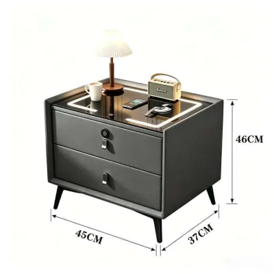 GH GLOWHOME（in stock）Smart Nightstand with Wireless Charging Modern 2-Drawer Bedside Cabinet with Fingerprint Lock Multifunctional Bedroom Table