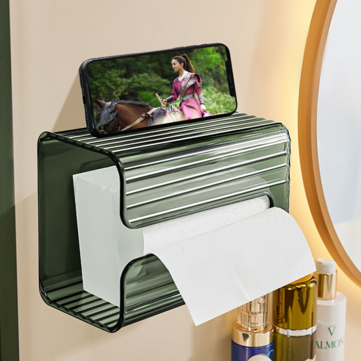 Wall Mounted Tissue Box Holder - Multifunctional Paper Roll Dispenser With Cutter For Bathroom & Restroom