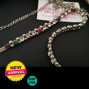 INDIAN SILVER RED/GREEN/WHITE STONE SINGLE LAYER HIP CHAIN