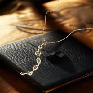 [fenggongshuode] Retro Style Colorful Zircon Tassel Irregular Splicing Long Necklace Light Luxury Pendant Collarbone Chain For Women Jewelry