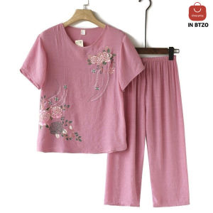 Womens Cotton and Linen Short Sleeved Set 2024 Summer New Fashion Casual Printed Top Two-piece Set Loose and Versatile Middle-aged and Elderly Pants