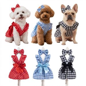 DAWEIF Polka Dots Printing Cat Dog Princess Dress Bow Headband Flying Sleeve Pet Skirts Cute XS-Xl Size Pet Dress Spring Summer
