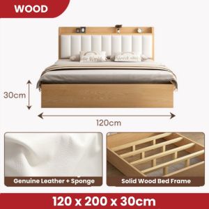 GOLD Solid Wood Bed Frame Queen/King Size Katil Kayu Minimalist Muji Style Bed with Cushion Headboard 實木床