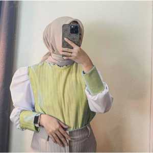 Tunik Kemeja Lengan Balon Rempel Tangan Korean style atasan blouse rajut kondru trendy korea atasan kombinasi Blouse Knit Puff terbaru dan terlaris