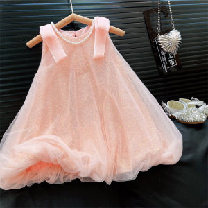 Bear Leader Summer New Fashion Round Neck Sequin Mesh Party Princess Dress Sleeveless Shiny Girls Clothes Korean Version Kids Costume