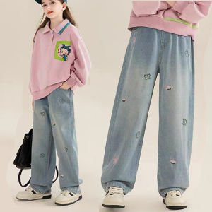 Hight Waist Blue Jeans for Kids Girl Embroidery Korean Kids Denim Pants (Hypoallergenic & Soft) for 3-15 yrs