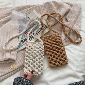 JAYQQ Portable Crossbody Phone Bag Solid Color Crochet Lightweight Shoulder Bags Fashion Hollow-out Woven Phone Purse Gifts