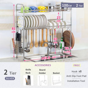 Veckle 1/2 Tiers Stainless Steel Over-Sink Dish Cabinet Rack Plate Drying Rack Dish Rack Kitchen Organizer