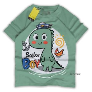 Baju anak cewek karakter binatang dinosaurus Sailor warna sage Lucu bahan adem sablon plastisol