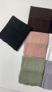 new model Jifang Plain Bubble Chiffon Double Pleated Pearls Patchwork Pashmina Shawl Head Scarf Muslim Hijabs Shawls WC012025