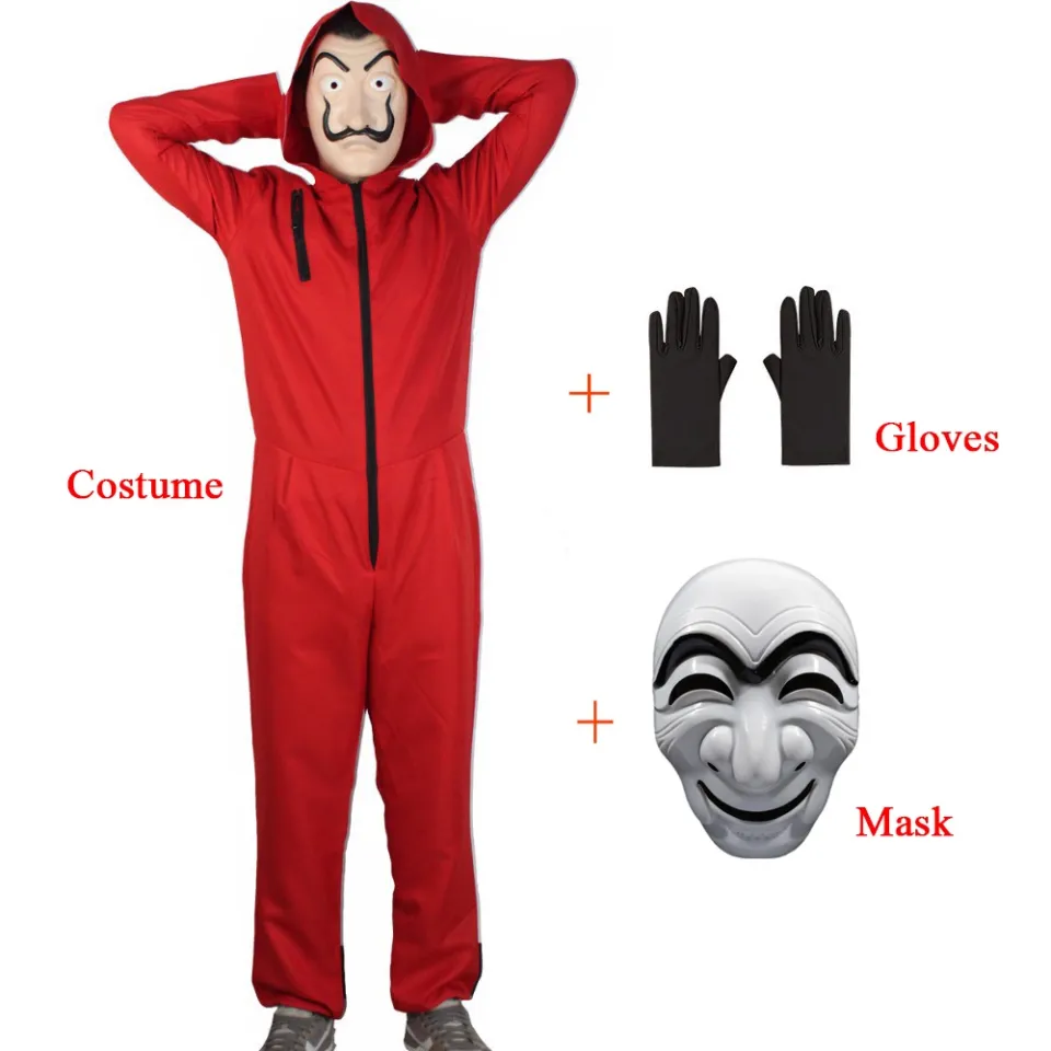 Adult Mens la casa de papel Costume Red Jumpsuit Robber Money Heist Mask  Hood | eBay